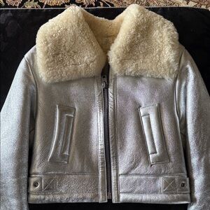 Coach Silver Shrunken Aviator Metallic Leather Jacket with Shearling NWT size XS